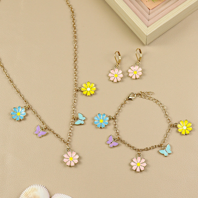 Multi Charm jewellery set for girls — necklace, bracelet, and earrings, laid flat