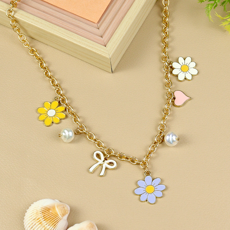 Floral Charm necklace for girls in metal charms, laid flat