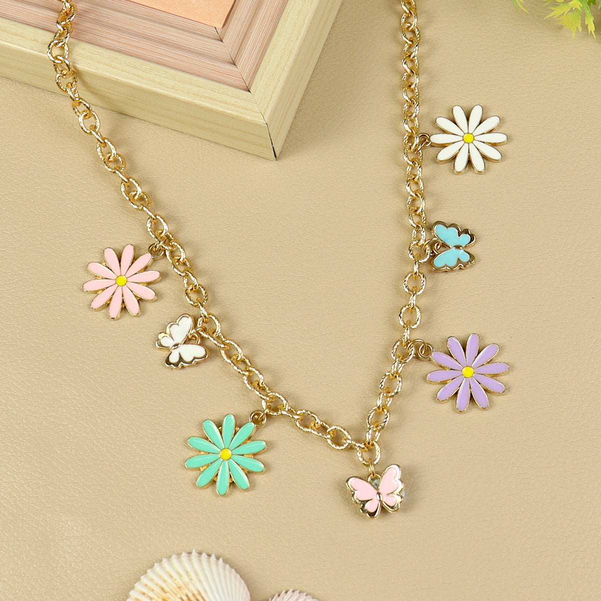 Floral Butterfly Charm necklace for girls in metal charms, laid flat