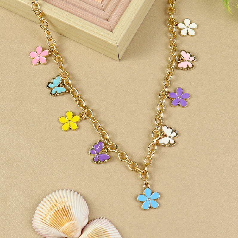 Floral Butterfly Charm necklace for girls in metal charms, laid flat
