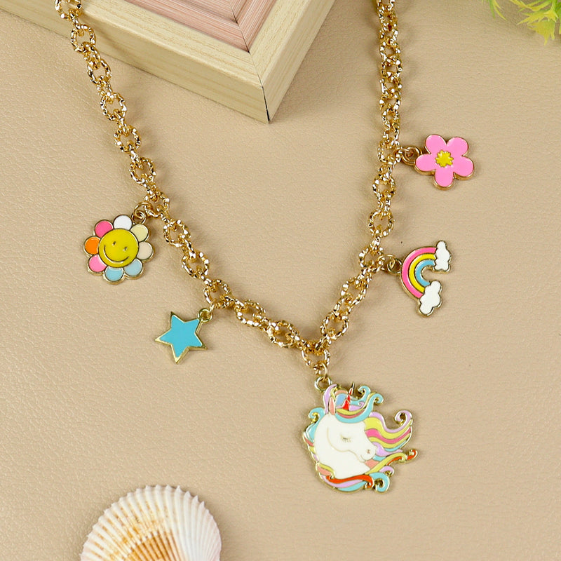 Unicorn Charm necklace for girls in metal charms, laid flat