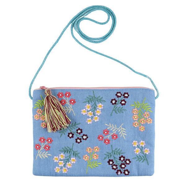 Embroidered Fabric Tasselled Sling Bag for Girls - Blue