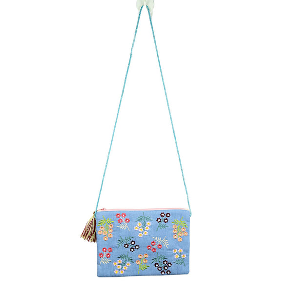 Embroidered Fabric Tasselled Sling Bag for Girls - Blue