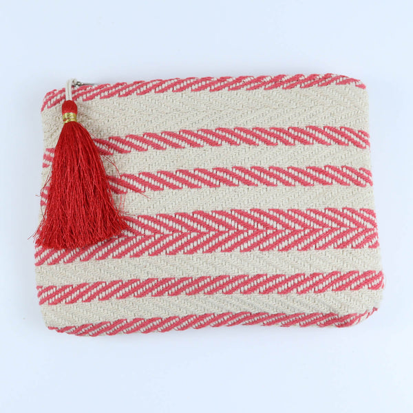 Fabric Tasselled Pouch - Red Stripes