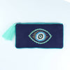 Embroidered Evil Eye Tasselled Pouch - Blue
