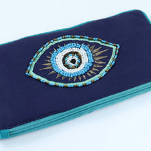 Load image into Gallery viewer, Embroidered Evil Eye Tasselled Pouch - Blue
