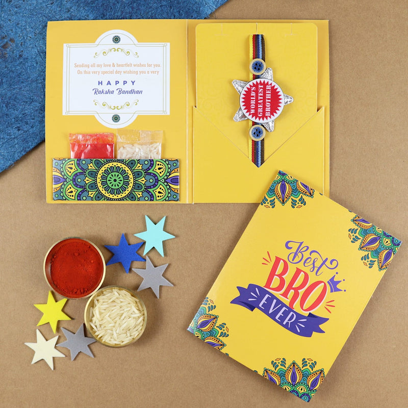 World's Greatest Brother Rakhi in Greeting Card with Roli Chawal