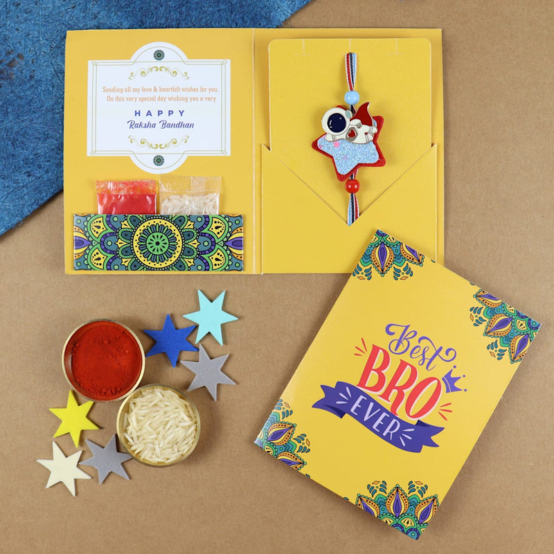 Astronaut Star Rakhi in Greeting Card with Roli Chawal