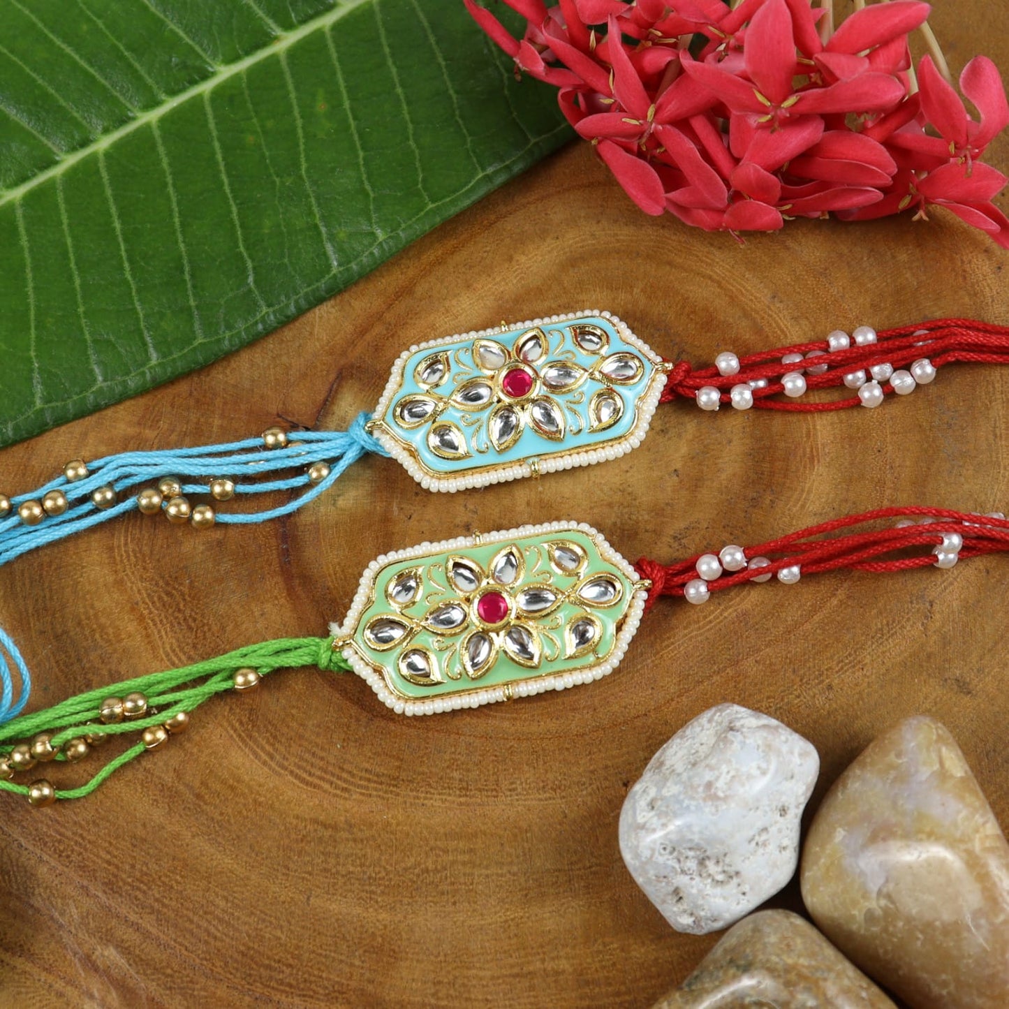 Kundan Stone Set of 2 Rakhis in Greeting Card with Roli Chawal
