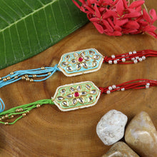 Load image into Gallery viewer, Kundan Stone Set of 2 Rakhis in Greeting Card with Roli Chawal
