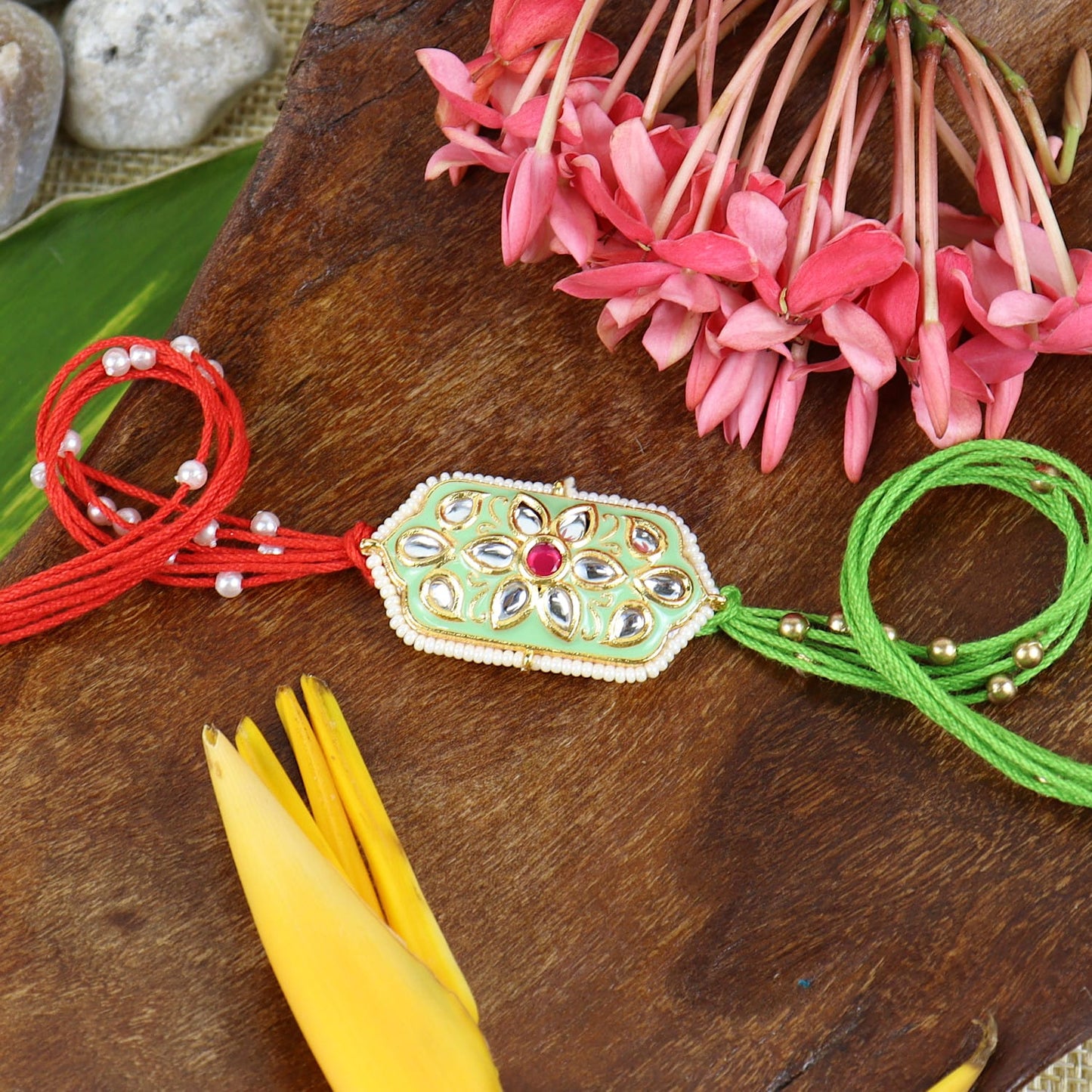 Kundan Stone Set of 2 Rakhis in Greeting Card with Roli Chawal
