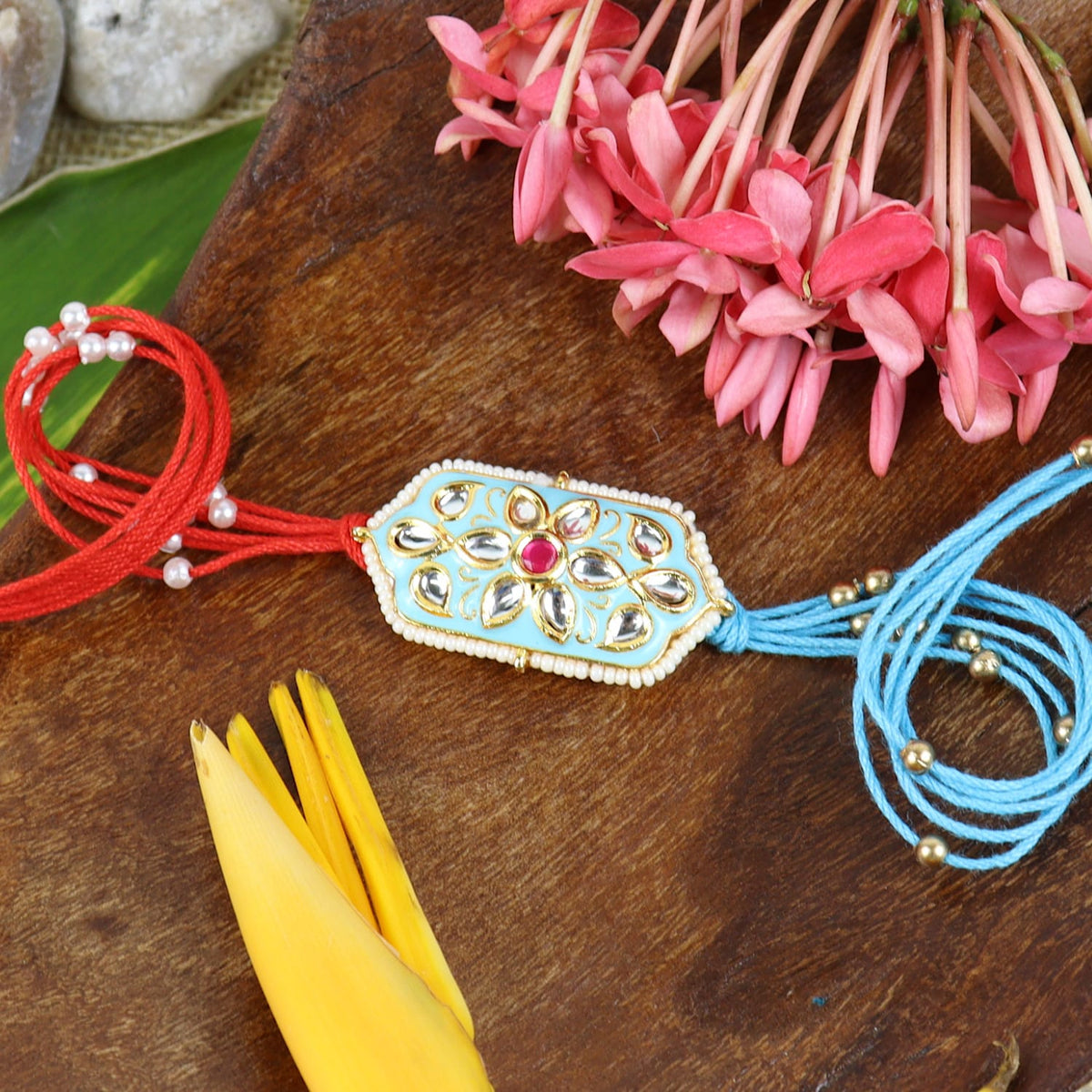 Kundan Stone Set of 2 Rakhis in Greeting Card with Roli Chawal