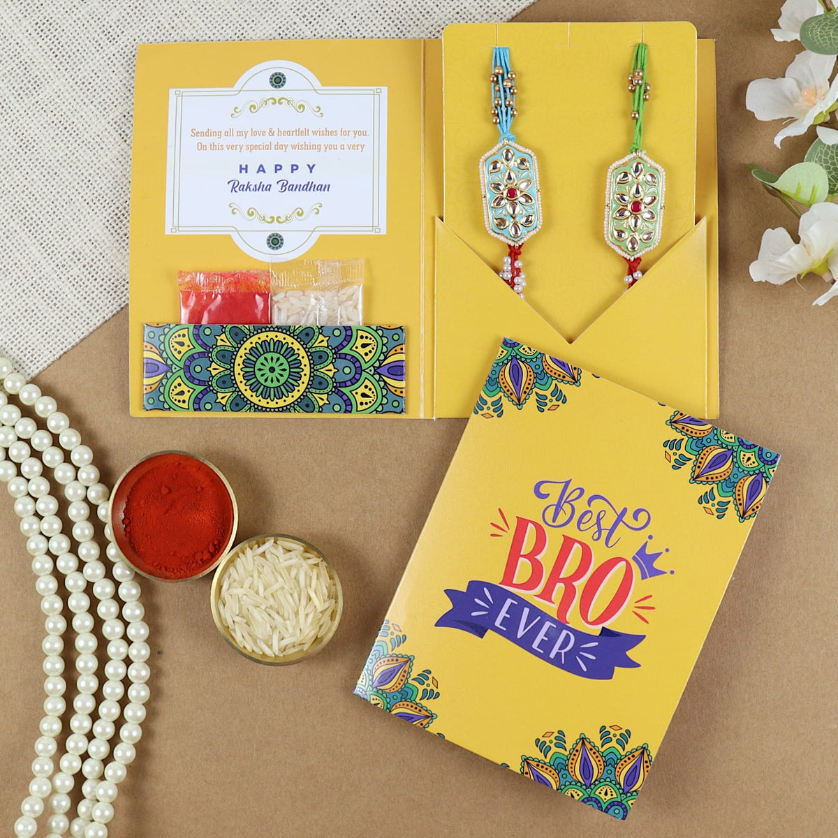Kundan Stone Set of 2 Rakhis in Greeting Card with Roli Chawal
