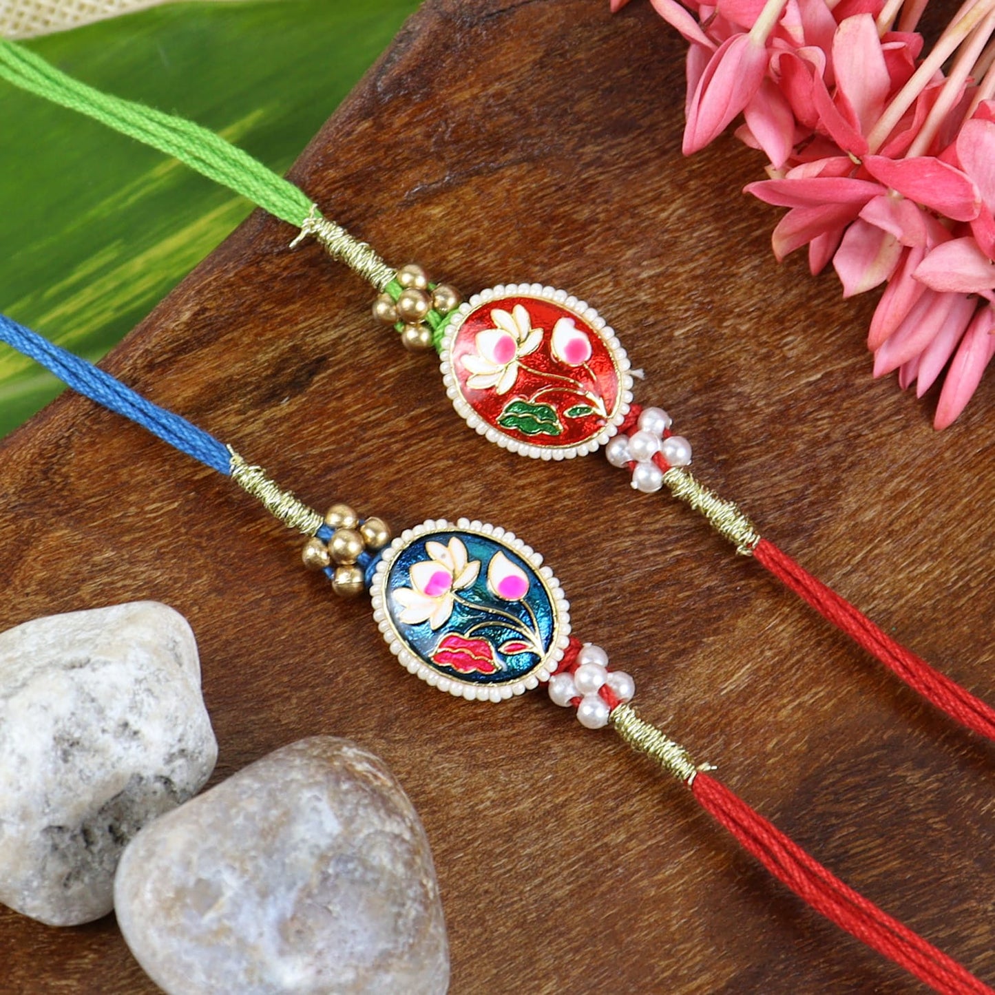 Meenakari Floral Design Set of 2 Rakhis in Greeting Card with Roli Chawal