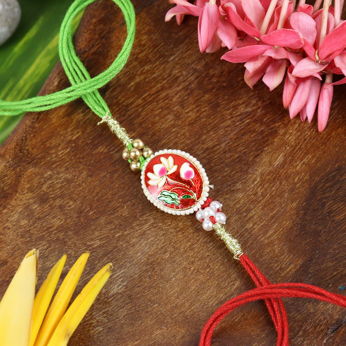 Meenakari Floral Design Set of 2 Rakhis in Greeting Card with Roli Chawal