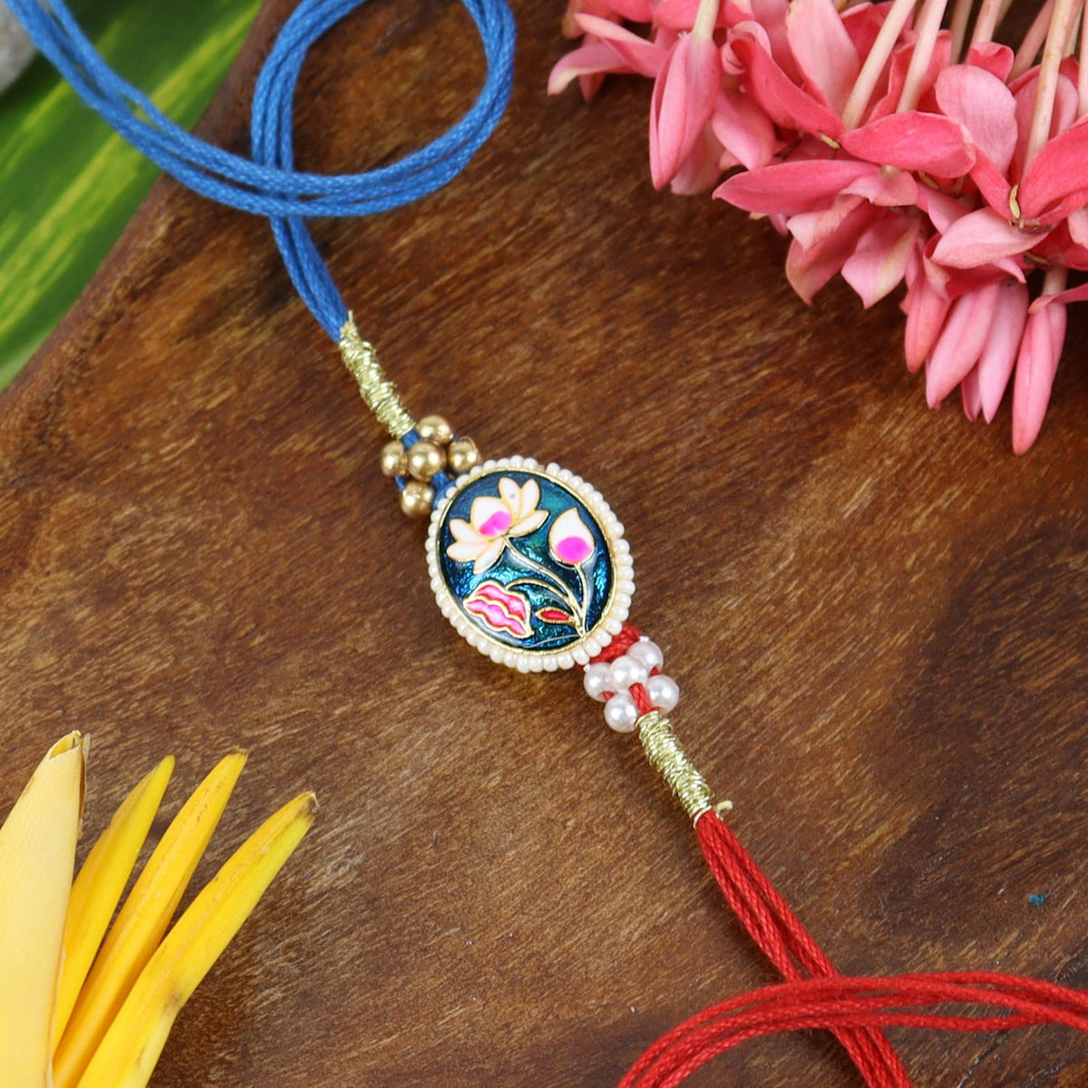 Meenakari Floral Design Set of 2 Rakhis in Greeting Card with Roli Chawal