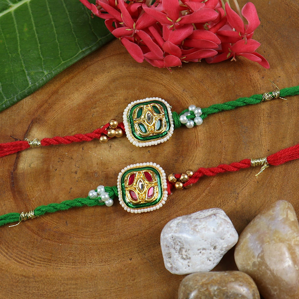 Kundan Stone Set of 2 Rakhis in Greeting Card with Roli Chawal