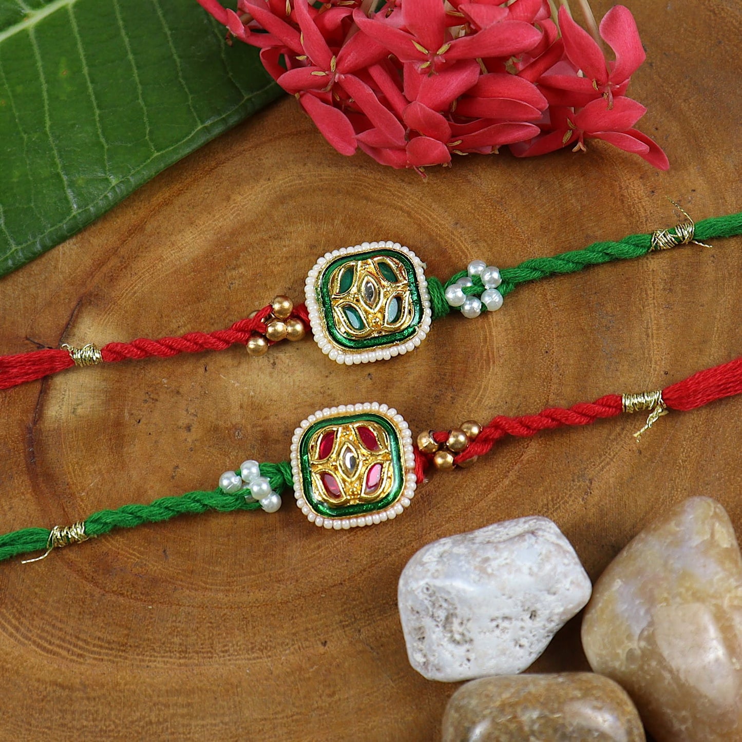 Kundan Stone Set of 2 Rakhis in Greeting Card with Roli Chawal