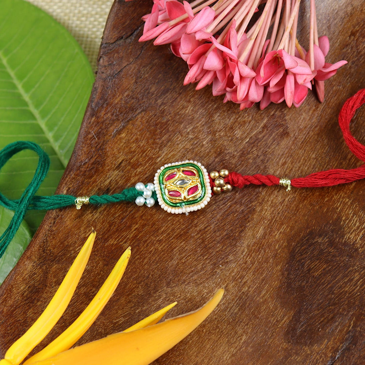 Kundan Stone Set of 2 Rakhis in Greeting Card with Roli Chawal