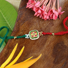 Load image into Gallery viewer, Kundan Stone Set of 2 Rakhis in Greeting Card with Roli Chawal
