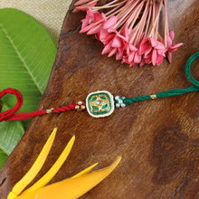 Load image into Gallery viewer, Kundan Stone Set of 2 Rakhis in Greeting Card with Roli Chawal
