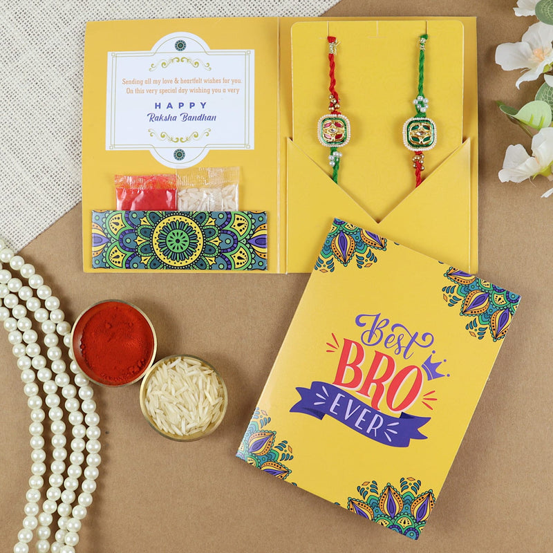 Kundan Stone Set of 2 Rakhis in Greeting Card with Roli Chawal