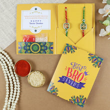 Load image into Gallery viewer, Kundan Stone Set of 2 Rakhis in Greeting Card with Roli Chawal
