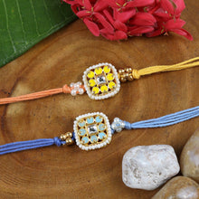 Load image into Gallery viewer, Meena Kundan Stone Set of 2 Rakhis in Greeting Card with Roli Chawal
