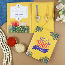 Load image into Gallery viewer, Meena Kundan Stone Set of 2 Rakhis in Greeting Card with Roli Chawal
