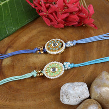 Load image into Gallery viewer, Meena Kundan Stone Set of 2 Rakhis in Greeting Card with Roli Chawal
