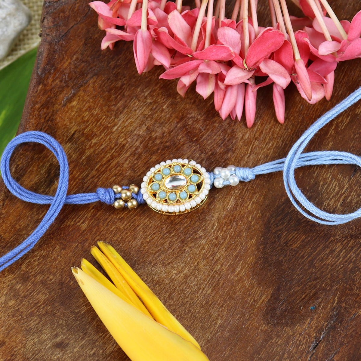 Meena Kundan Stone Set of 2 Rakhis in Greeting Card with Roli Chawal