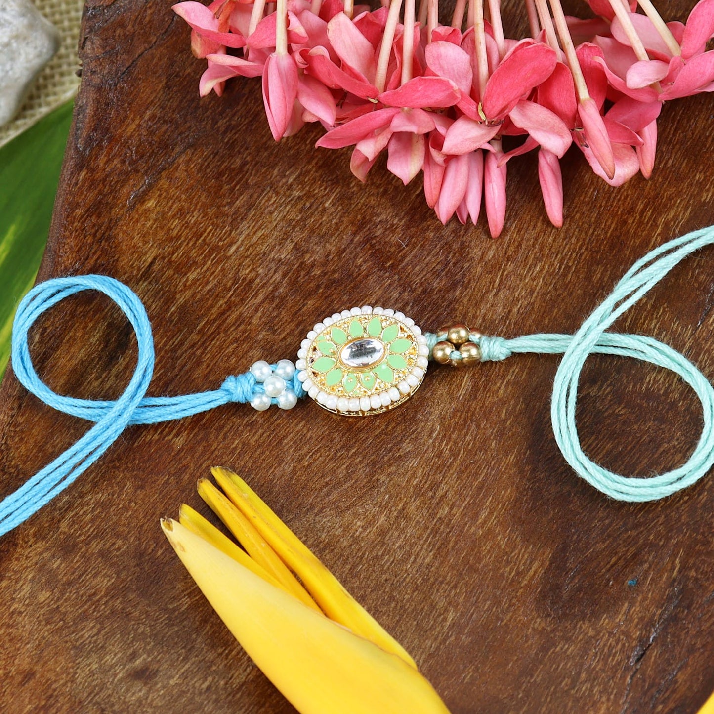 Meena Kundan Stone Set of 2 Rakhis in Greeting Card with Roli Chawal