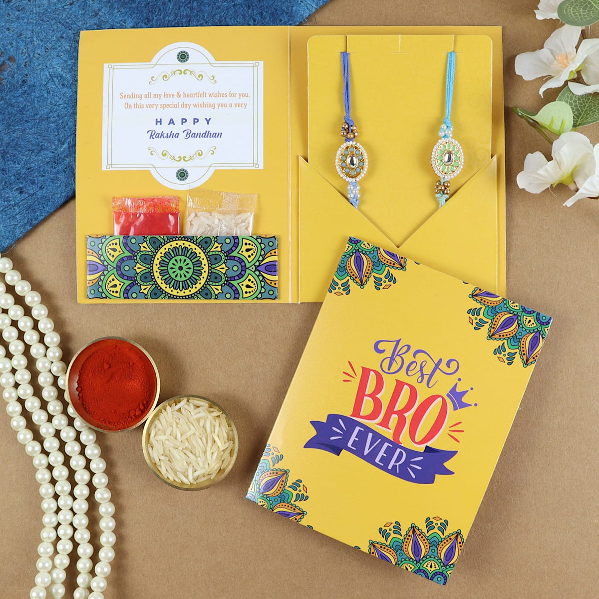 Meena Kundan Stone Set of 2 Rakhis in Greeting Card with Roli Chawal