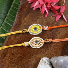 Load image into Gallery viewer, Meena Kundan Stone Set of 2 Rakhis in Greeting Card with Roli Chawal
