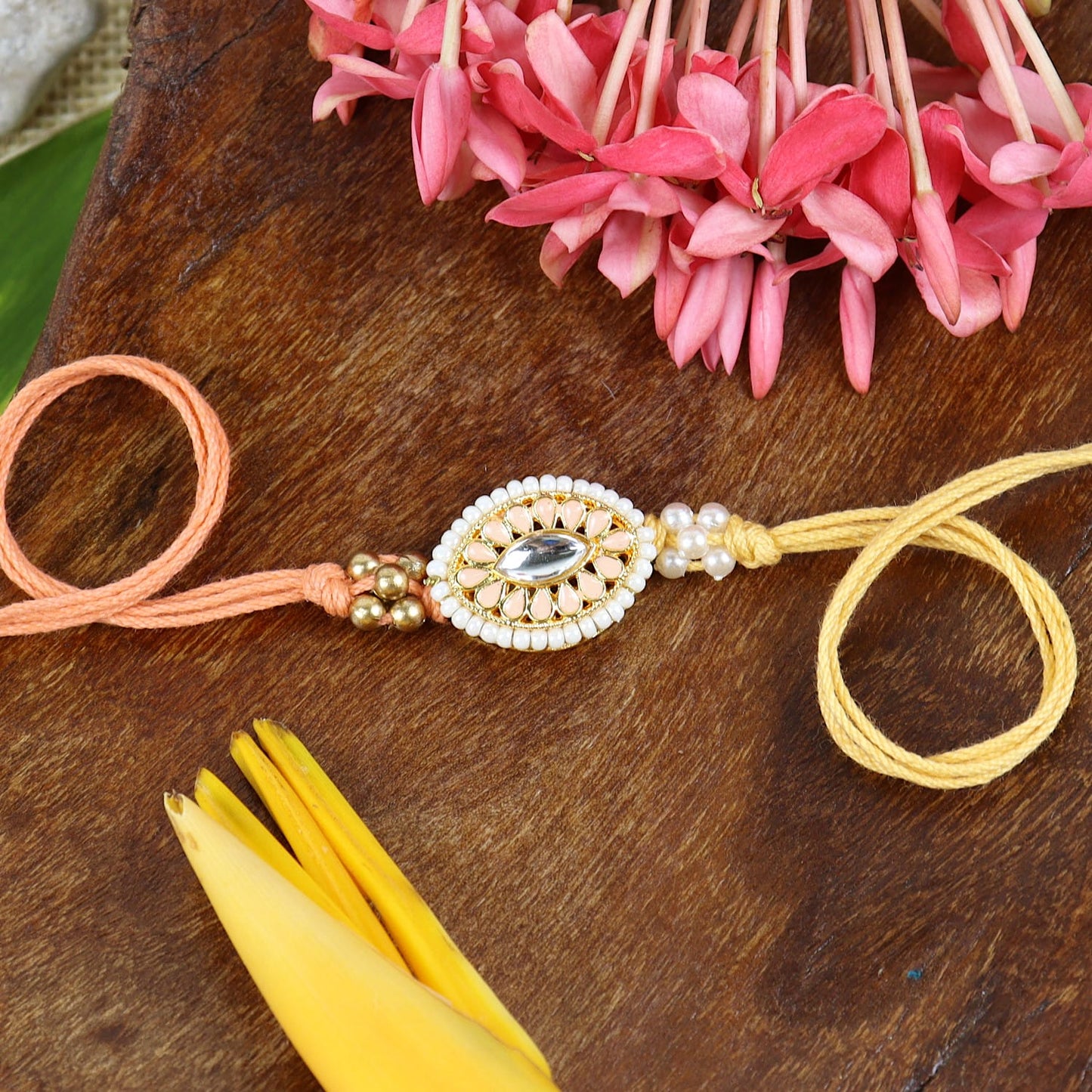 Meena Kundan Stone Set of 2 Rakhis in Greeting Card with Roli Chawal