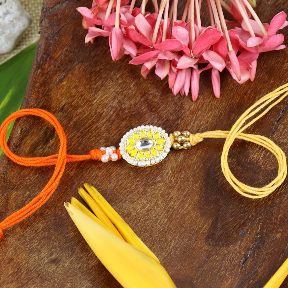 Meena Kundan Stone Set of 2 Rakhis in Greeting Card with Roli Chawal