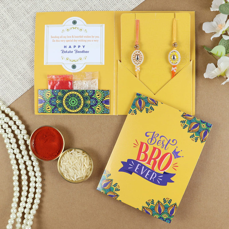 Meena Kundan Stone Set of 2 Rakhis in Greeting Card with Roli Chawal