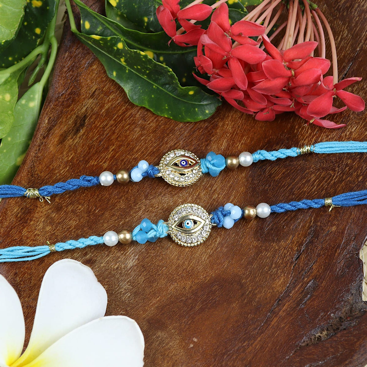 Diamond Stone Evil Eye Set of 2 Rakhis in Greeting Card with Roli Chawal