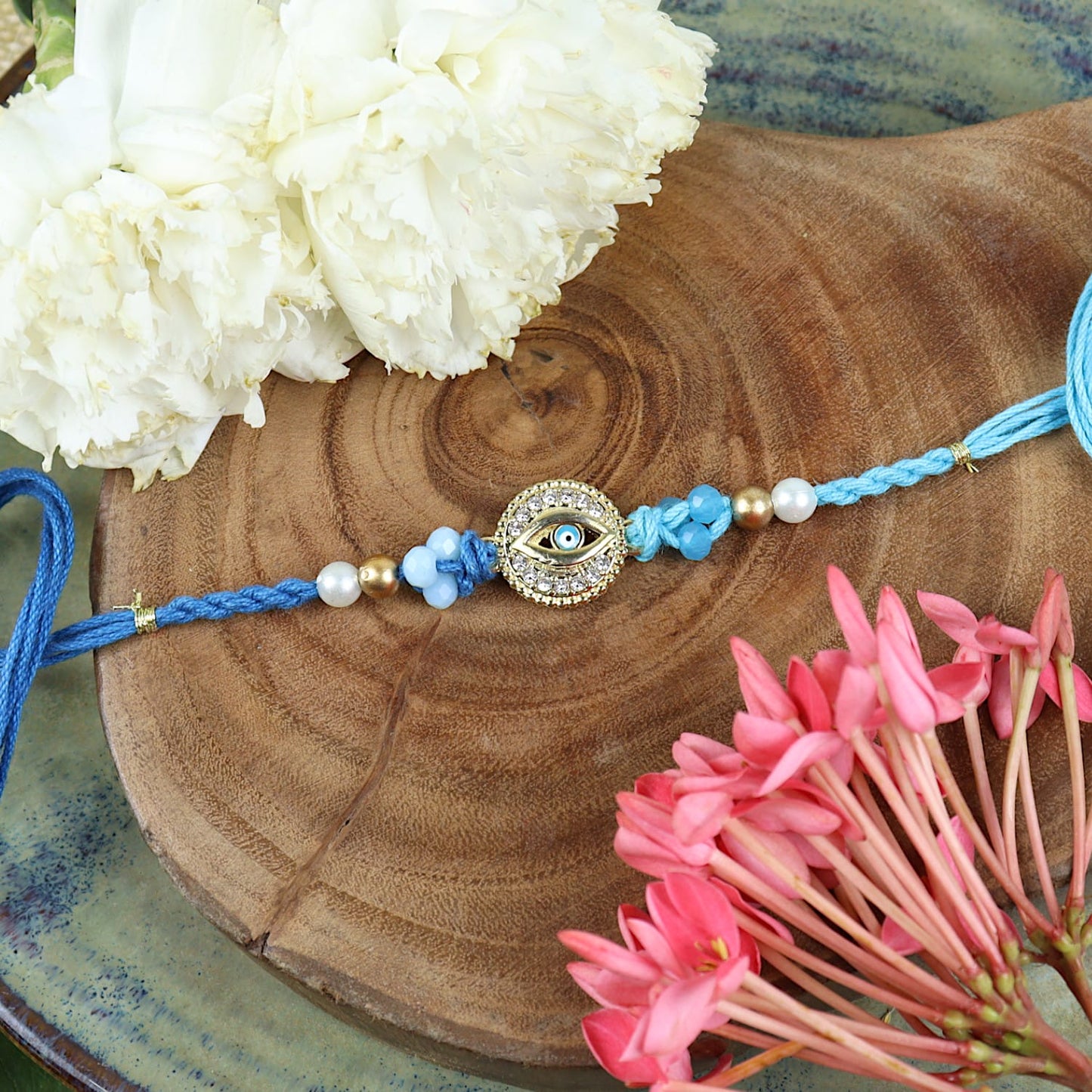 Diamond Stone Evil Eye Set of 2 Rakhis in Greeting Card with Roli Chawal