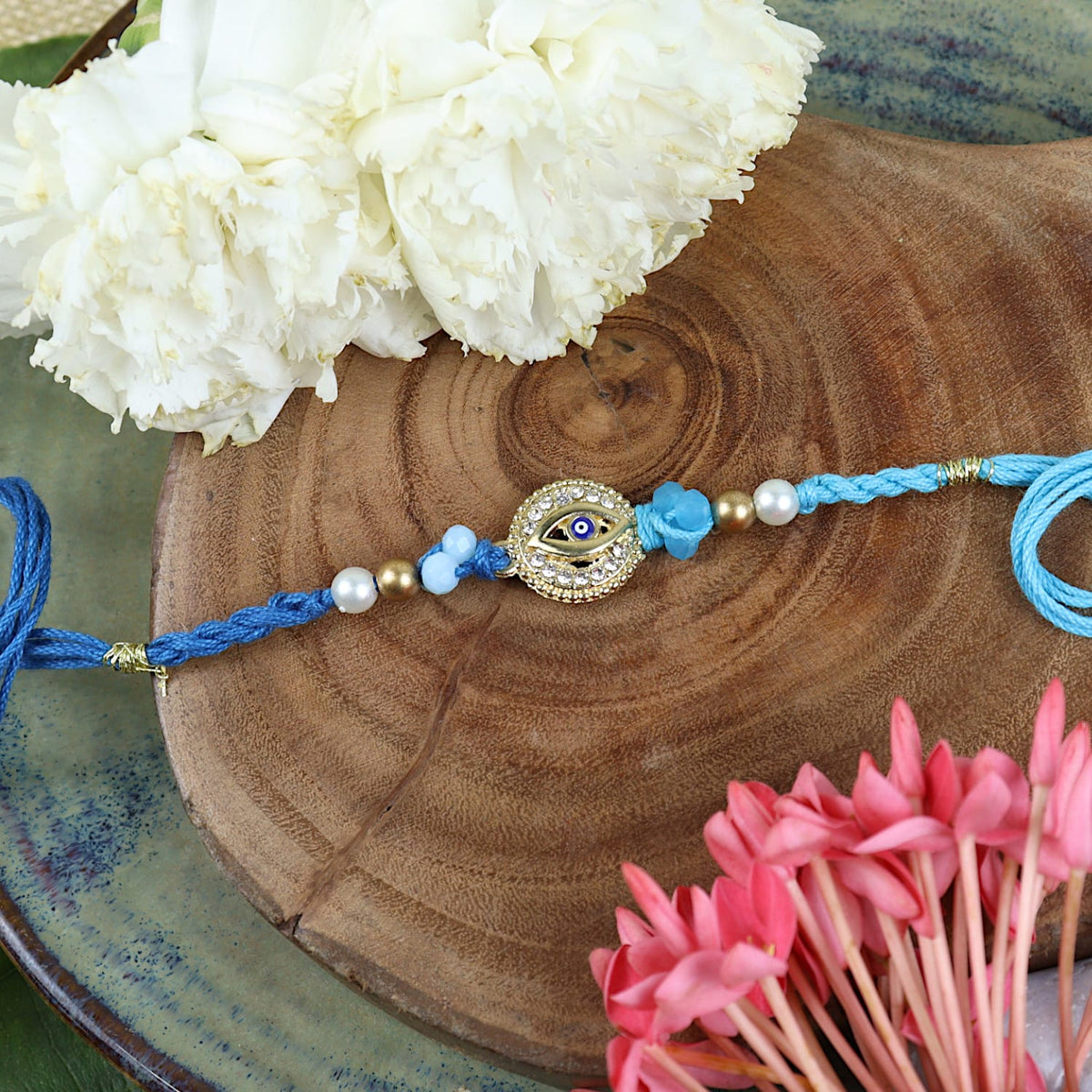 Diamond Stone Evil Eye Set of 2 Rakhis in Greeting Card with Roli Chawal