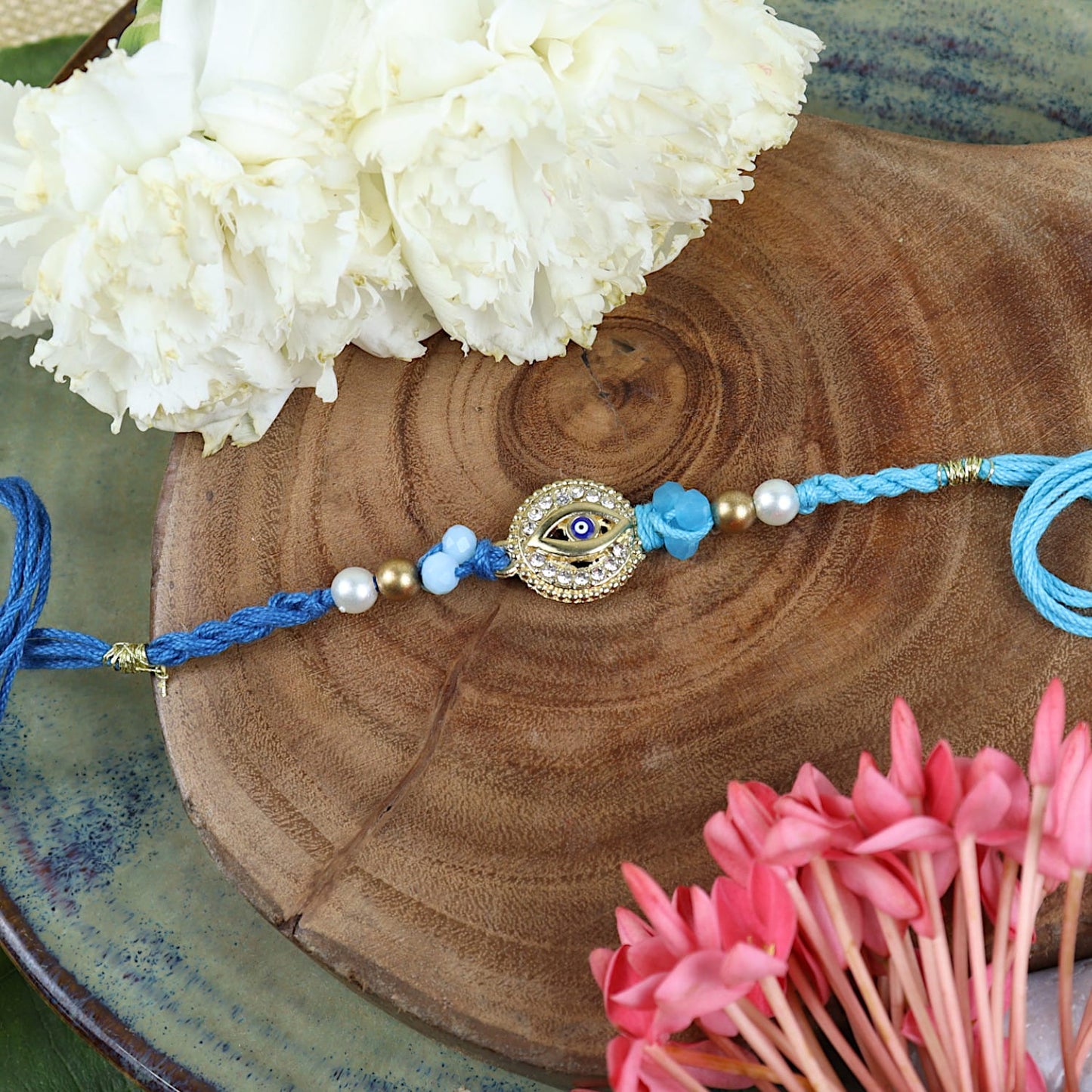 Diamond Stone Evil Eye Set of 2 Rakhis in Greeting Card with Roli Chawal