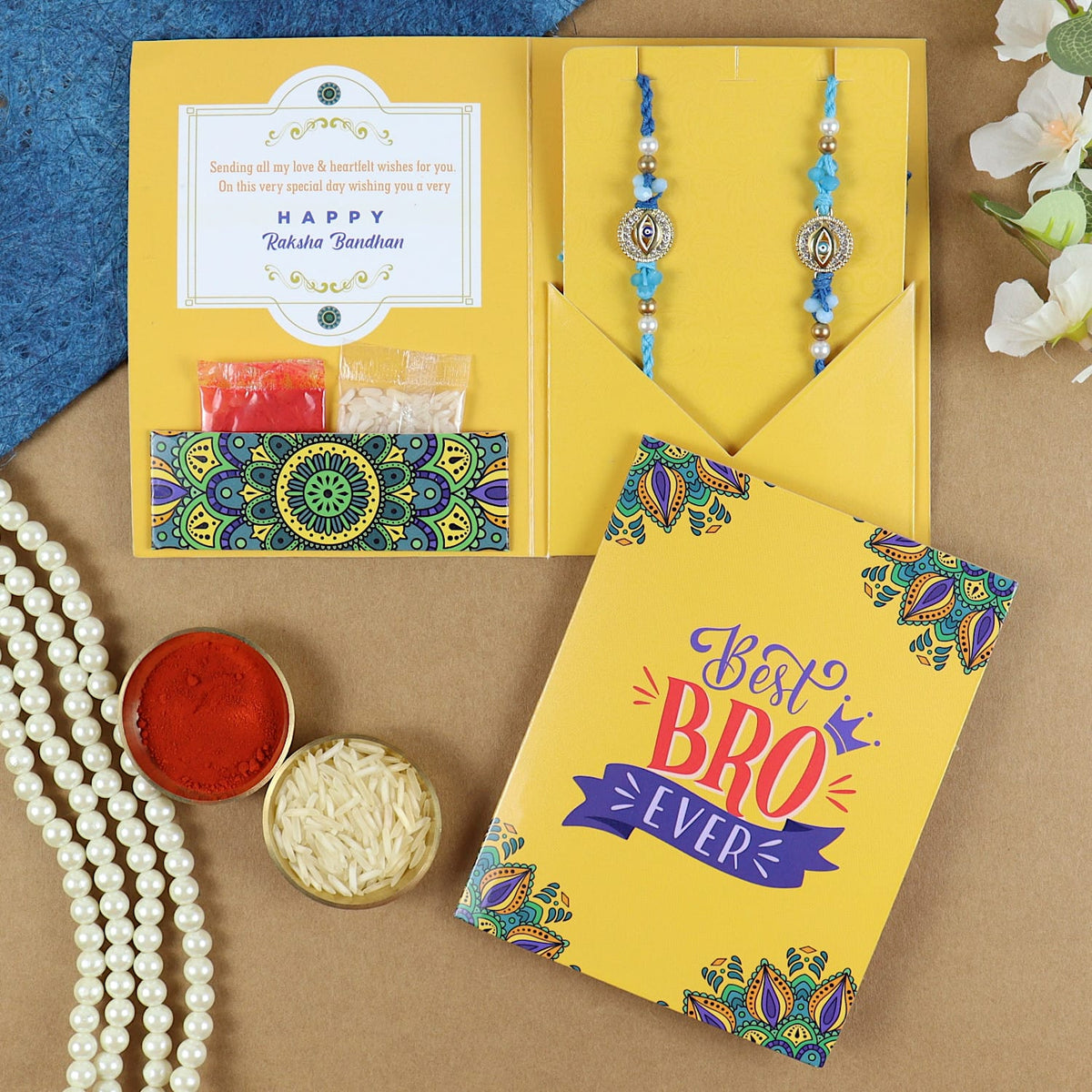 Diamond Stone Evil Eye Set of 2 Rakhis in Greeting Card with Roli Chawal