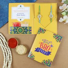 Load image into Gallery viewer, Meena Kundan Stone Set of 2 Rakhis in Greeting Card with Roli Chawal
