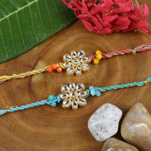 Load image into Gallery viewer, Kundan Stone Set of 2 Rakhis in Greeting Card with Roli Chawal
