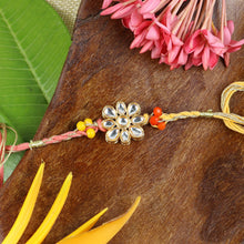 Load image into Gallery viewer, Kundan Stone Set of 2 Rakhis in Greeting Card with Roli Chawal
