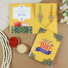 Load image into Gallery viewer, Kundan Stone Set of 2 Rakhis in Greeting Card with Roli Chawal
