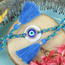 Load image into Gallery viewer, Evil Eye Diamond Stone Braided Tassel Rakhi in Greeting Card with Roli Chawal
