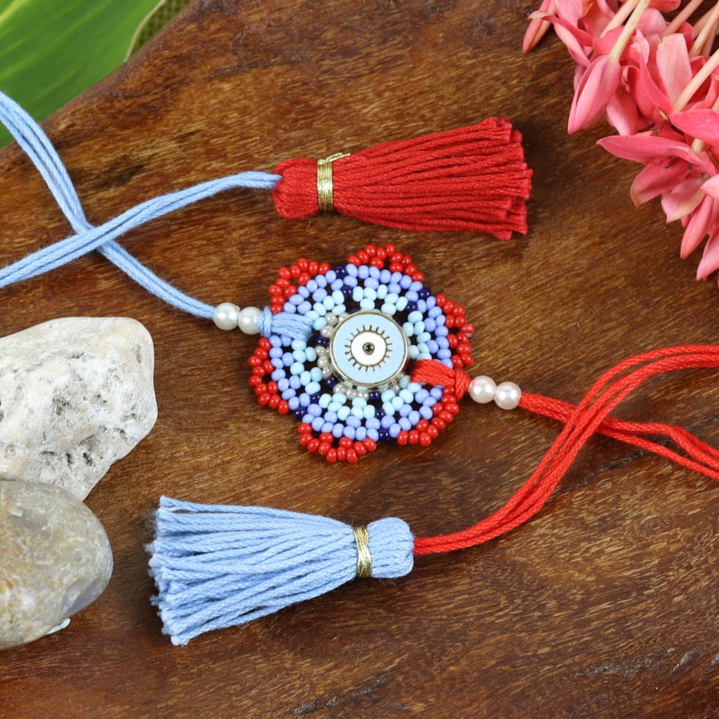 Beaded Base Evil Eye Rakhi in Greeting Card with Roli Chawal