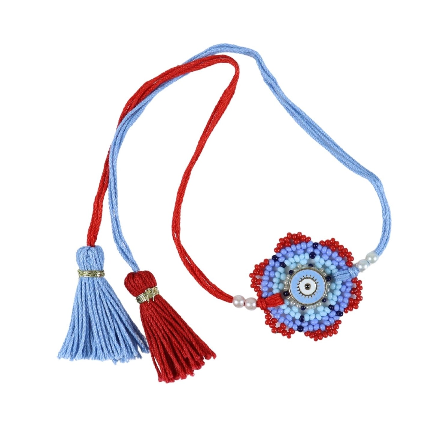 Beaded Base Evil Eye Rakhi in Greeting Card with Roli Chawal