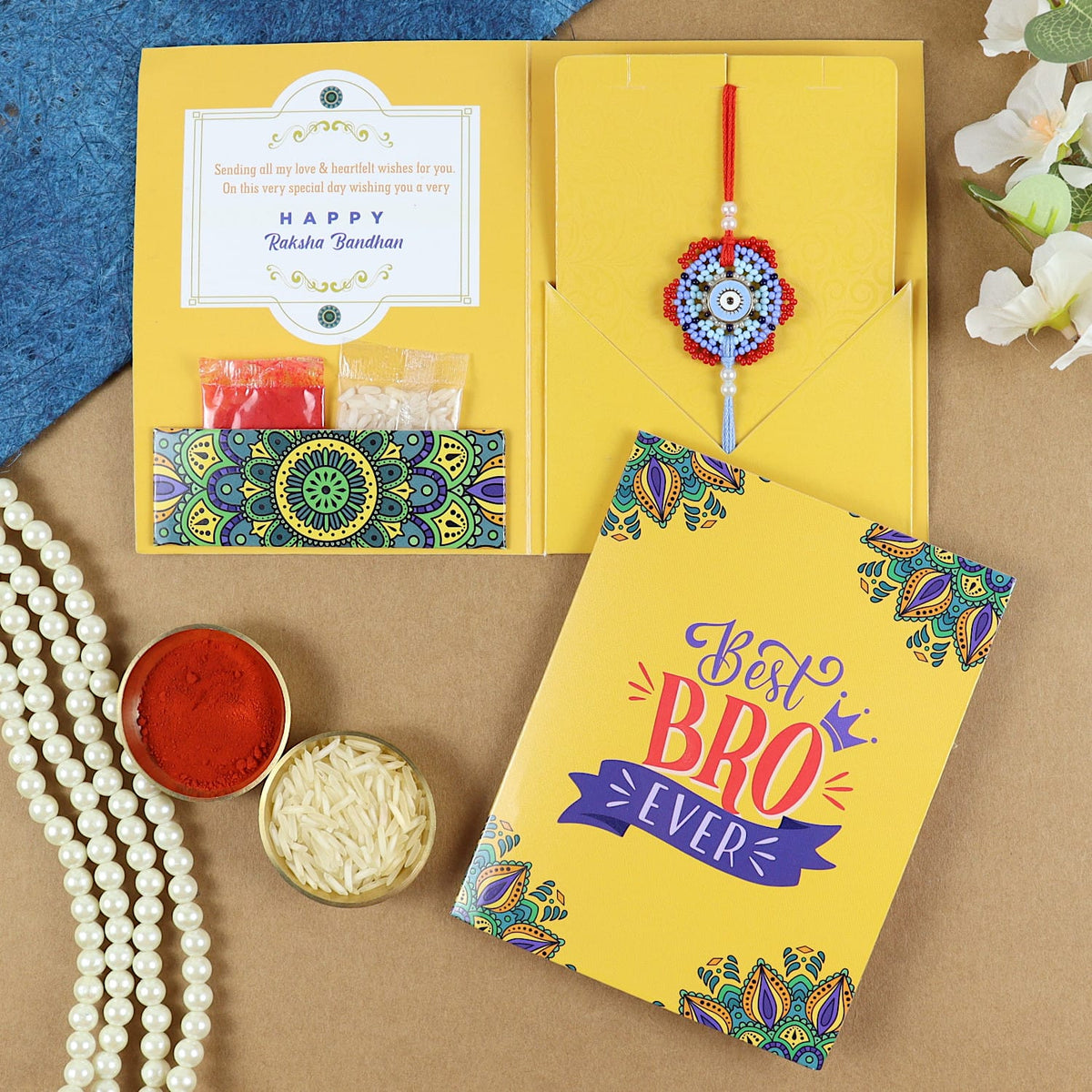 Beaded Base Evil Eye Rakhi in Greeting Card with Roli Chawal